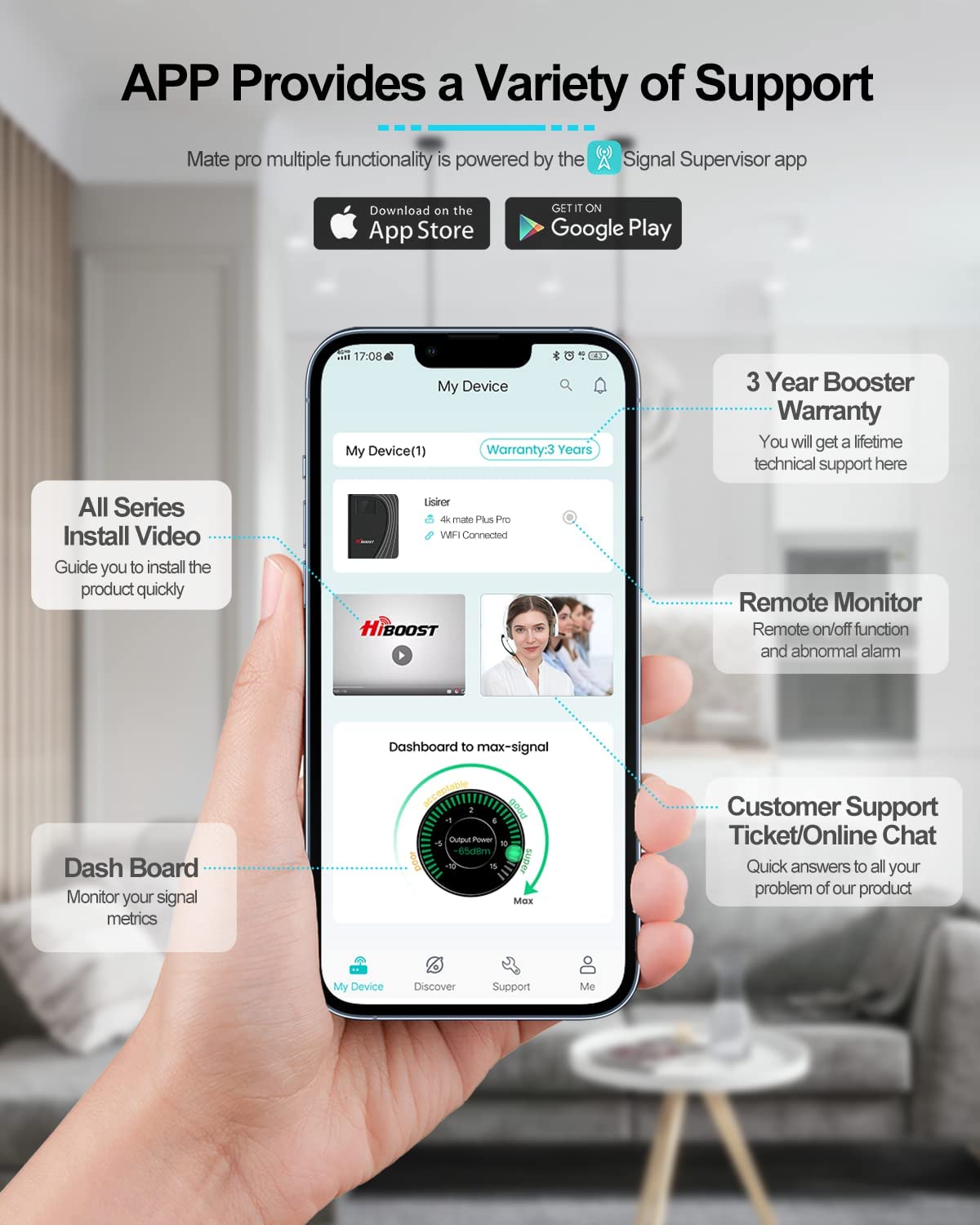 Hiboost Home MultiRoom - Cell Phone Signal Booster | Boosts 4G LTE & 5G up to 6,000 sq ft for All U.S. Carriers - Verizon, AT&T, T-Mobile & More | Touch Screen Monitor with 2 Antennas| FCC Approved - Image 4